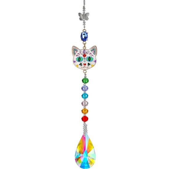Crystal Rhinestones Suncatcher Cat Face Shaped with Butterfly Window Hang - Picture 1 of 7